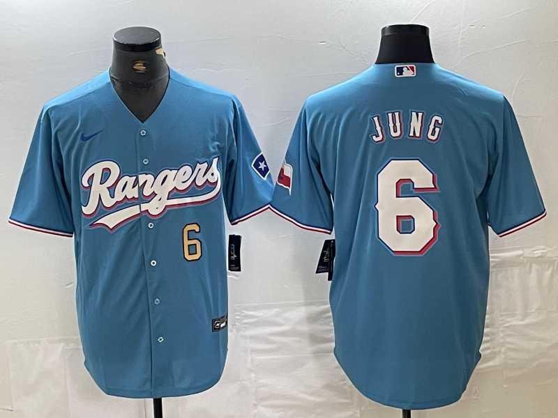 Mens Texas Rangers #6 Josh Jung Number Light Blue Team Logo Cool Base Jersey